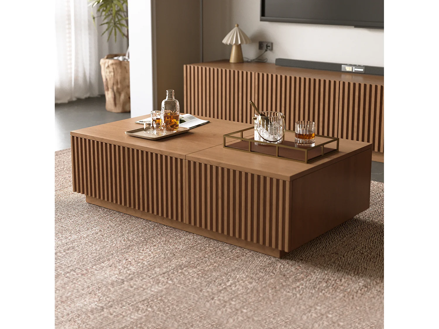 Verhoogbare salontafel met lamellenschuiven en veel opbergruimte, notenkleur 130×70×36 cm, Scandinavisch stijl, te gebruiken als bureau of koffietafel