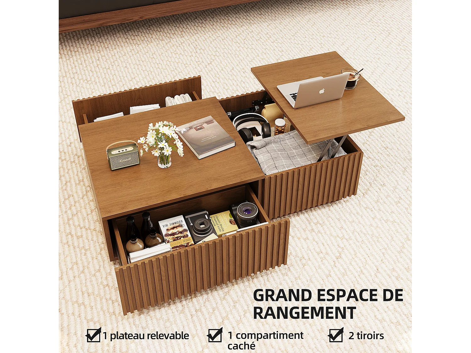 Verhoogbare salontafel met lamellenschuiven en veel opbergruimte, notenkleur 130×70×36 cm, Scandinavisch stijl, te gebruiken als bureau of koffietafel