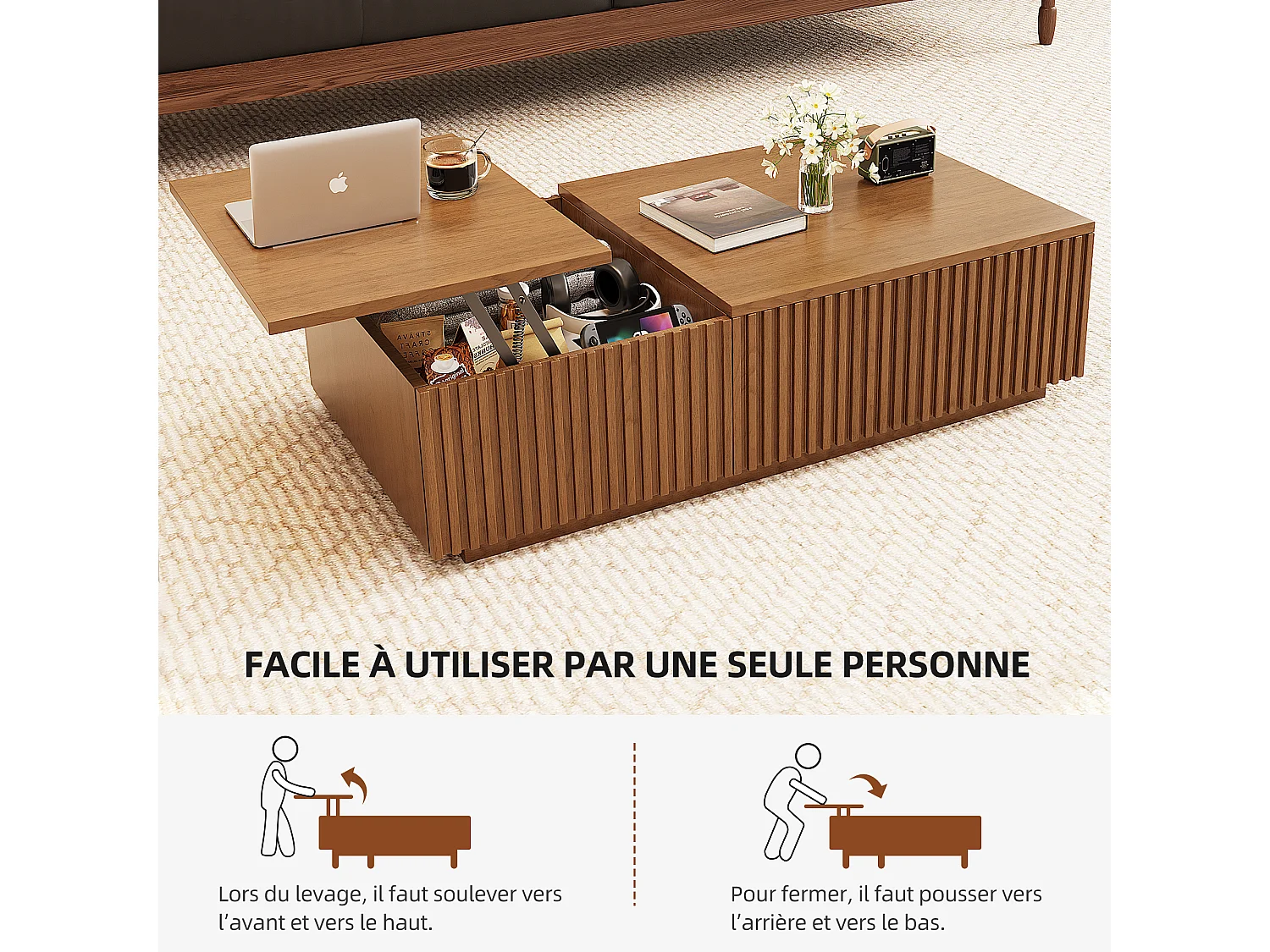 Verhoogbare salontafel met lamellenschuiven en veel opbergruimte, notenkleur 130×70×36 cm, Scandinavisch stijl, te gebruiken als bureau of koffietafel