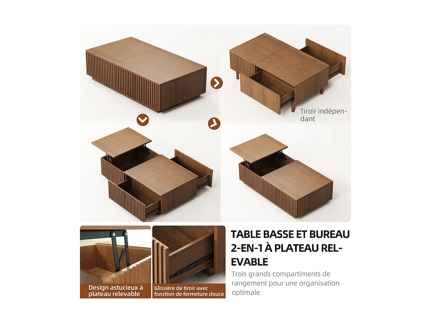 Verhoogbare salontafel met lamellenschuiven en veel opbergruimte, notenkleur 130×70×36 cm, Scandinavisch stijl, te gebruiken als bureau of koffietafel