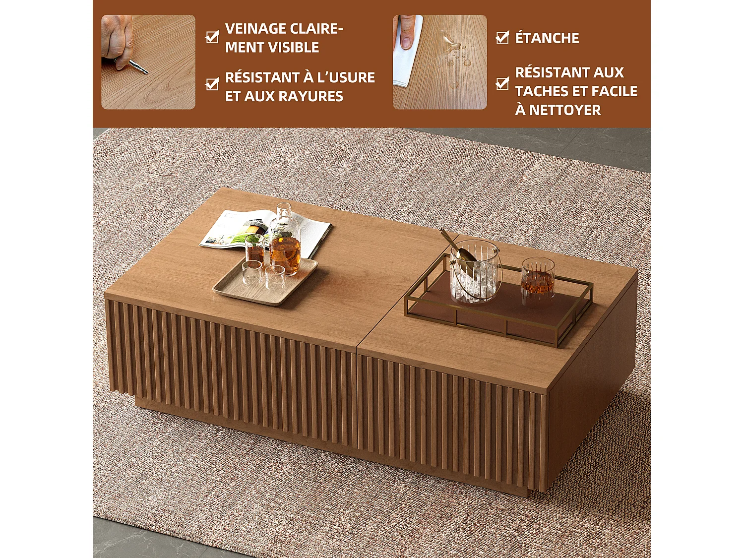 Verhoogbare salontafel met lamellenschuiven en veel opbergruimte, notenkleur 130×70×36 cm, Scandinavisch stijl, te gebruiken als bureau of koffietafel