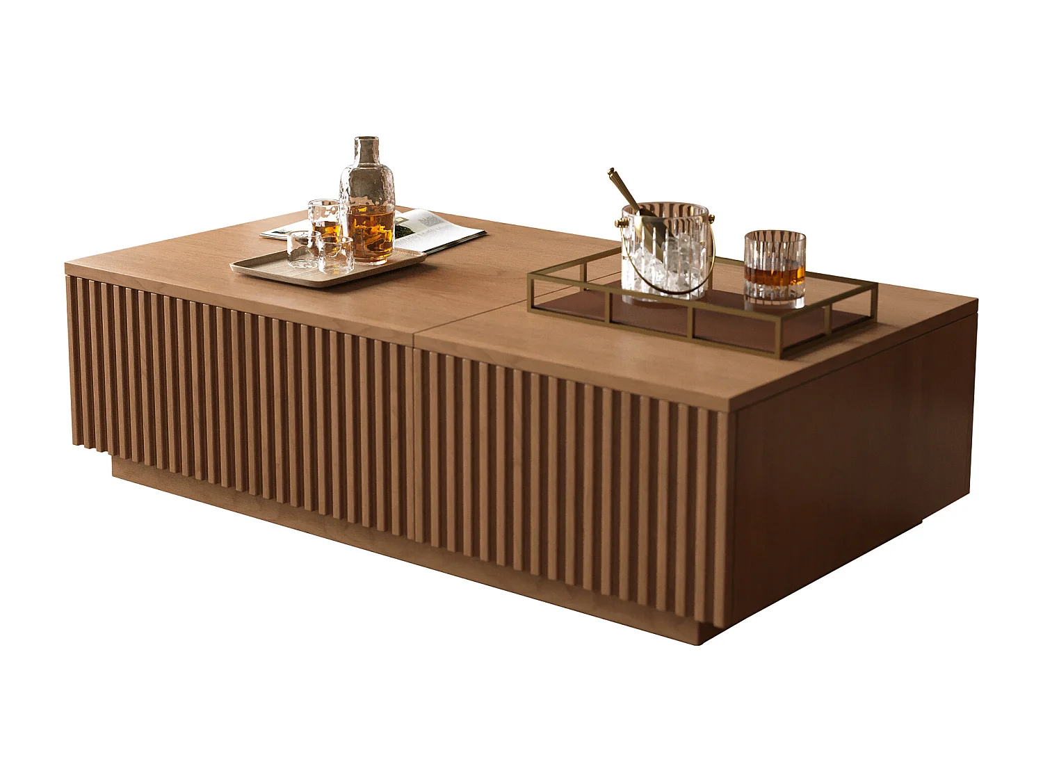 Verhoogbare salontafel met lamellenschuiven en veel opbergruimte, notenkleur 130×70×36 cm, Scandinavisch stijl, te gebruiken als bureau of koffietafel