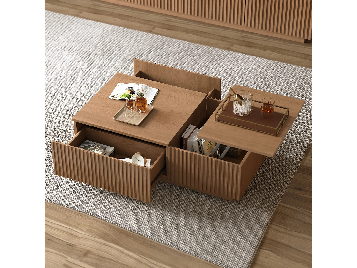 Table Basse relevable avec tiroirs à lamelles et Grand Rangement, Couleur Noyer 130×70×36 cm, Style scandinave, utilisable comme Bureau ou Table à café pour Le Salo