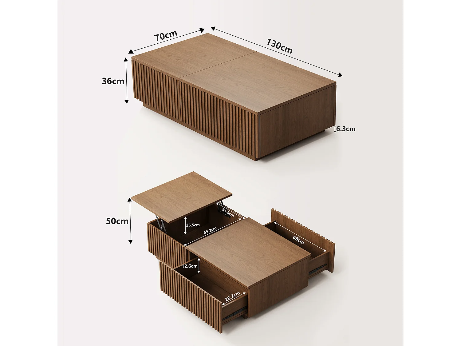 Table Basse relevable avec tiroirs à lamelles et Grand Rangement, Couleur Noyer 130×70×36 cm, Style scandinave, utilisable comme Bureau ou Table à café pour Le Salo