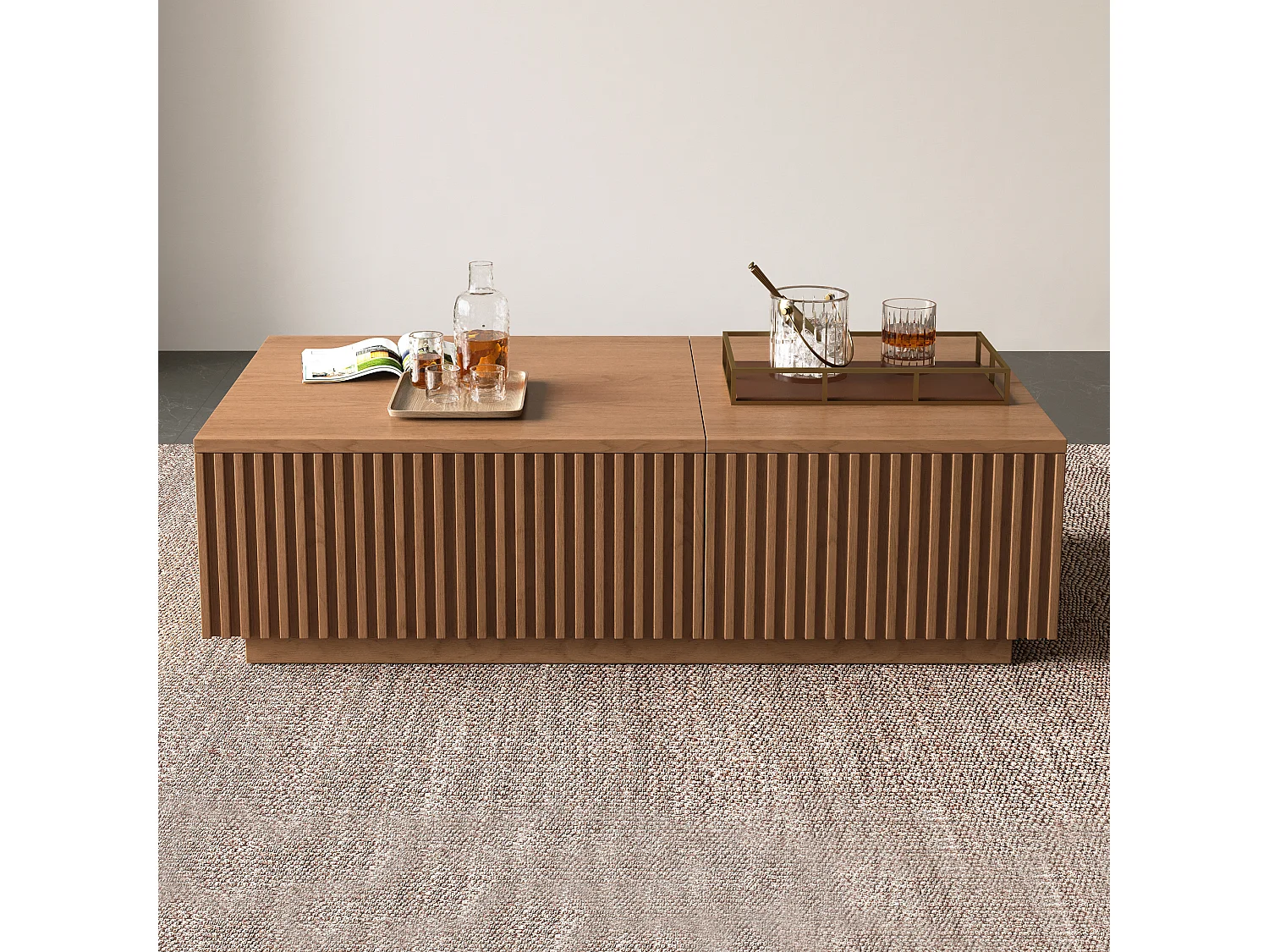Table Basse relevable avec tiroirs à lamelles et Grand Rangement, Couleur Noyer 130×70×36 cm, Style scandinave, utilisable comme Bureau ou Table à café pour Le Salo