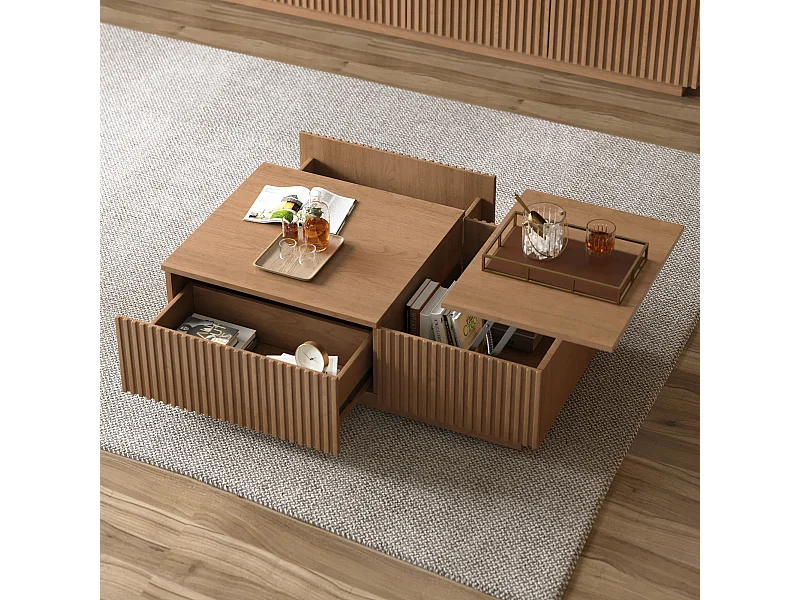 Table Basse relevable avec tiroirs à lamelles et Grand Rangement, Couleur Noyer 130×70×36 cm, Style scandinave, utilisable comme Bureau ou Table à café pour Le Salo