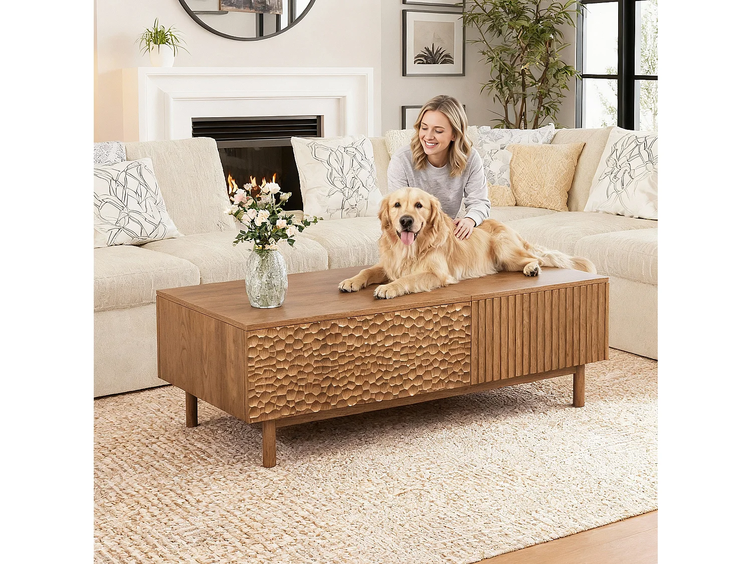 Verhoogbare salontafel met visschubmotief en veel opbergruimte, notenkleur 130×70×48 cm, Scandinavische stijl, te gebruiken als bureau of eettafel