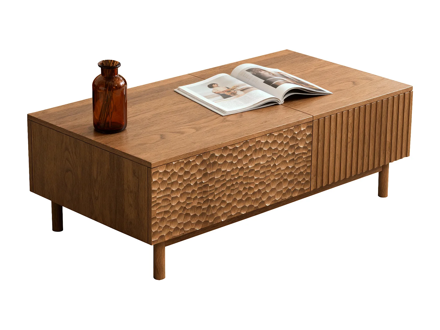 Verhoogbare salontafel met visschubmotief en veel opbergruimte, notenkleur 130×70×48 cm, Scandinavische stijl, te gebruiken als bureau of eettafel