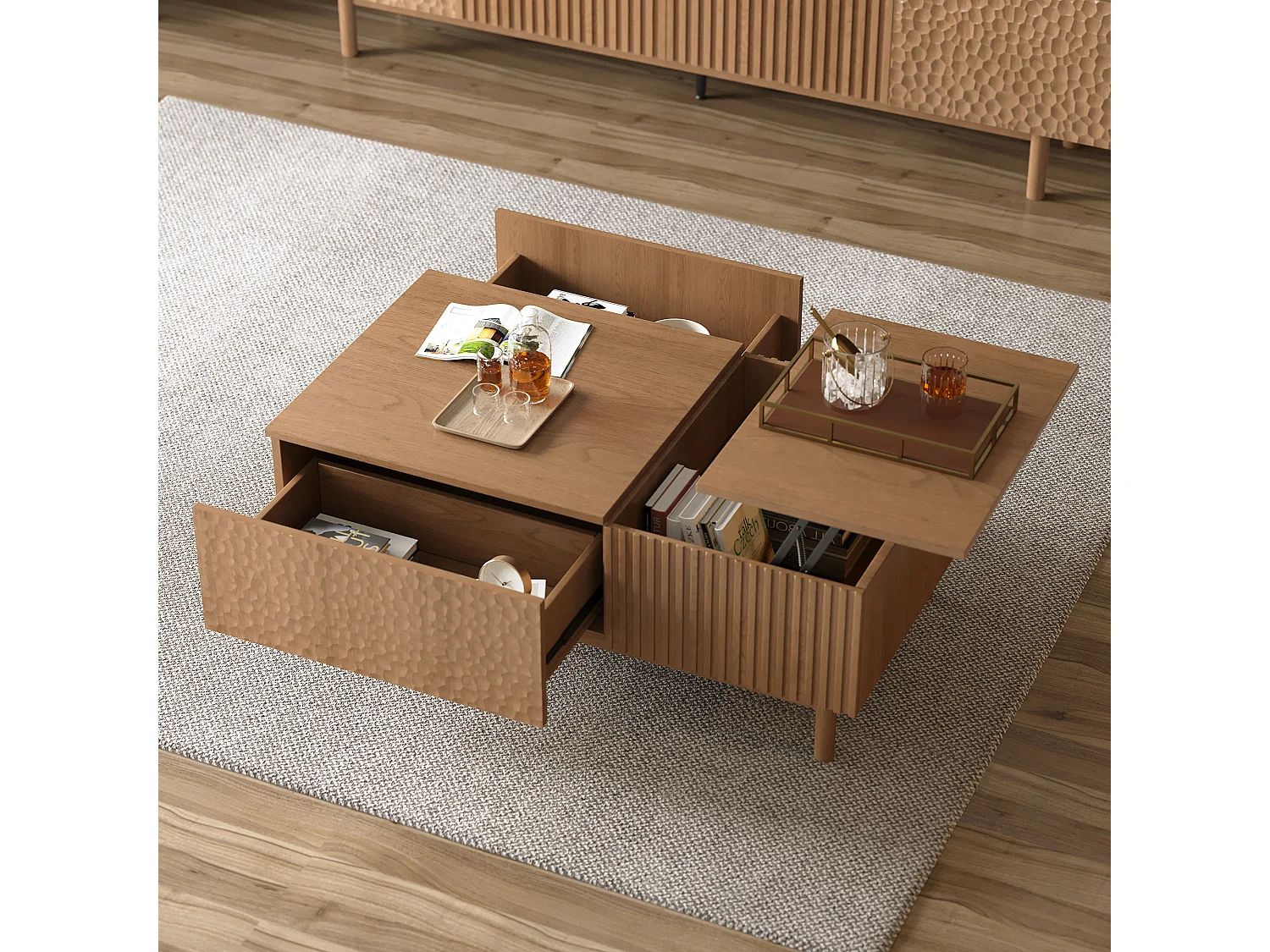 Table Basse relevable au Motif écailles de Poisson avec Grand Rangement, Couleur Noyer 130×70×48 cm, Style scandinave, utilisable comme Bureau ou Table à Manger