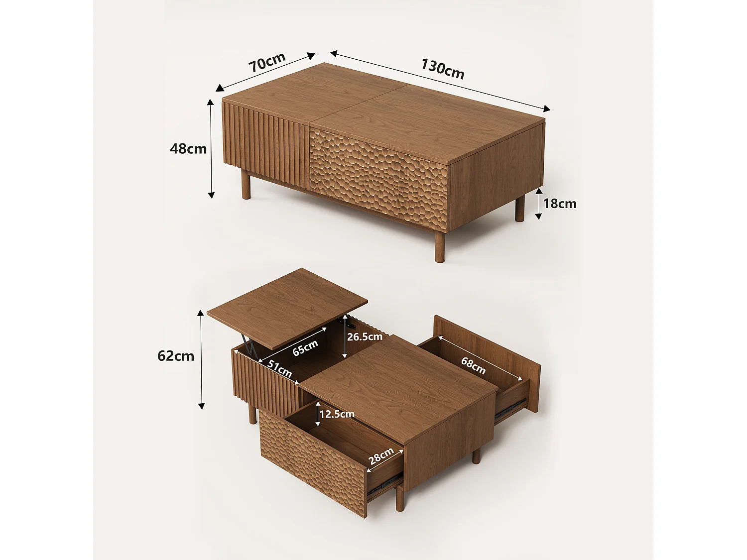 Table Basse relevable au Motif écailles de Poisson avec Grand Rangement, Couleur Noyer 130×70×48 cm, Style scandinave, utilisable comme Bureau ou Table à Manger