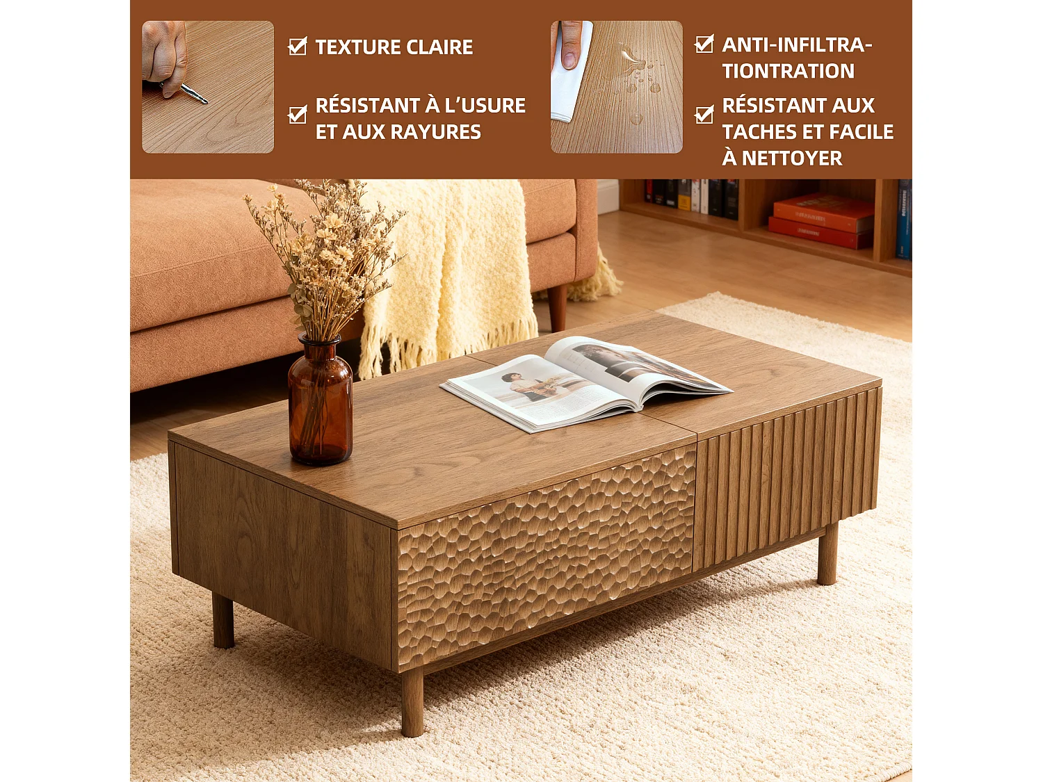 Table Basse relevable au Motif écailles de Poisson avec Grand Rangement, Couleur Noyer 130×70×48 cm, Style scandinave, utilisable comme Bureau ou Table à Manger