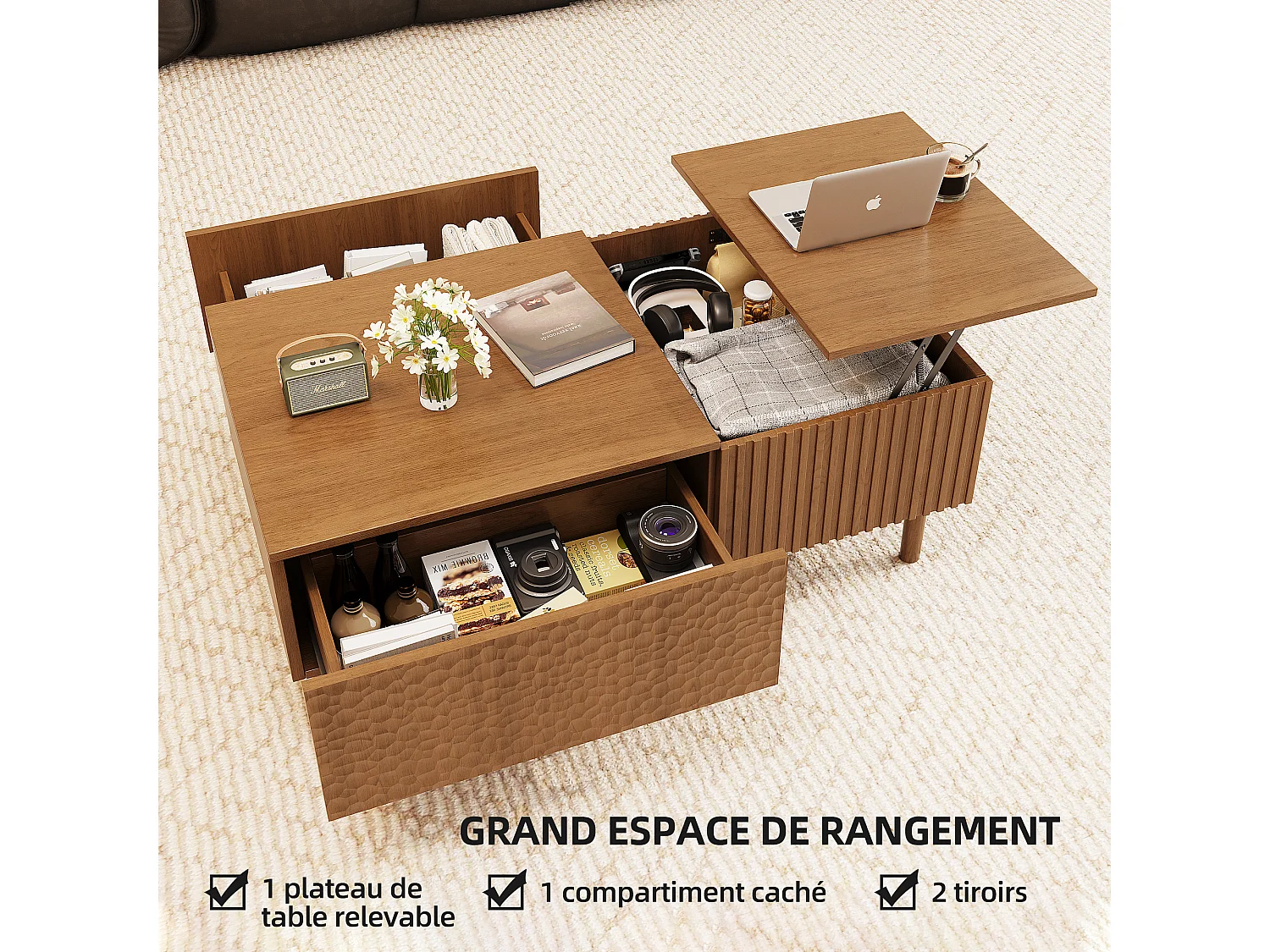 Table Basse relevable au Motif écailles de Poisson avec Grand Rangement, Couleur Noyer 130×70×48 cm, Style scandinave, utilisable comme Bureau ou Table à Manger