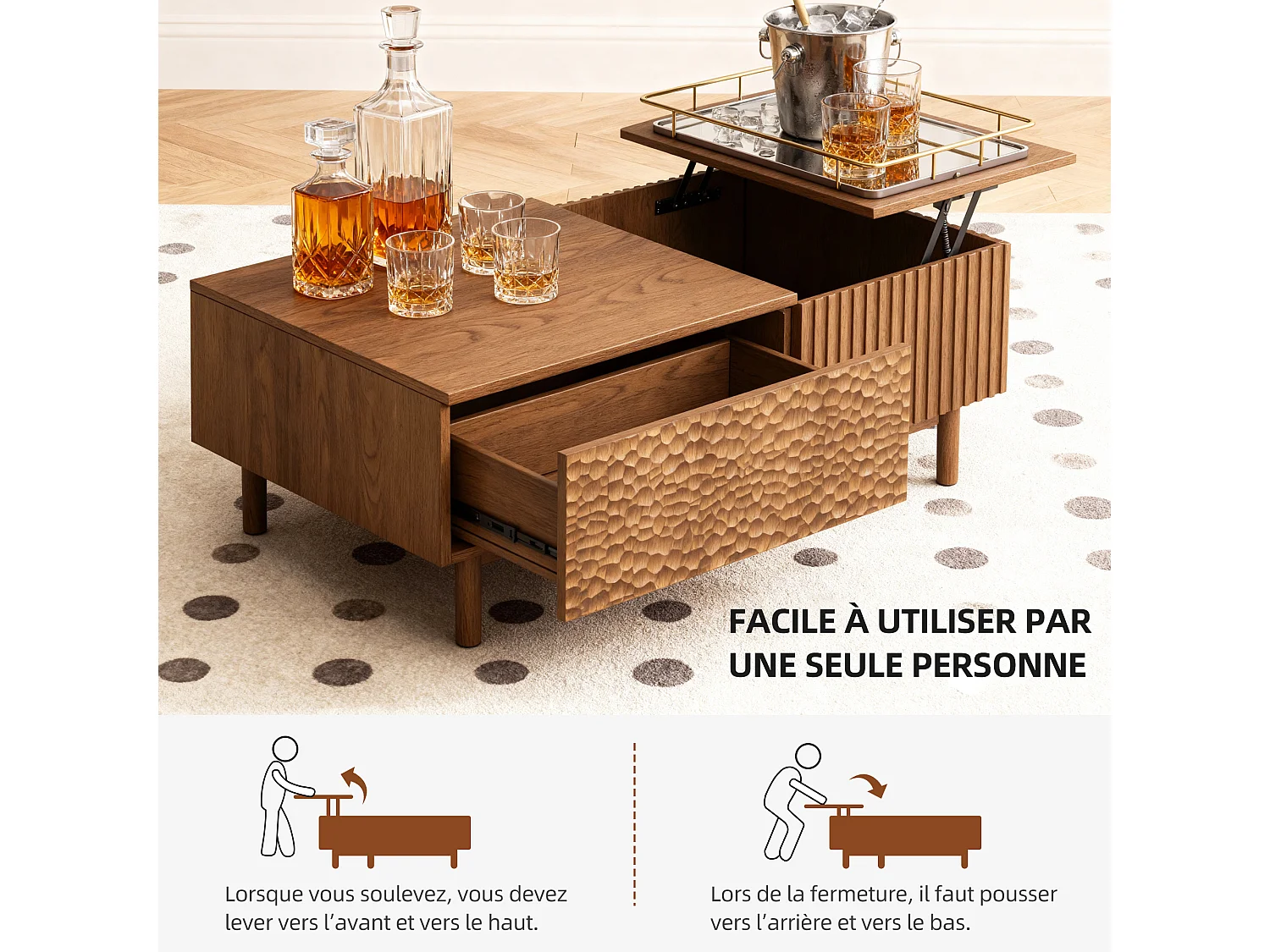 Table Basse relevable au Motif écailles de Poisson avec Grand Rangement, Couleur Noyer 130×70×48 cm, Style scandinave, utilisable comme Bureau ou Table à Manger