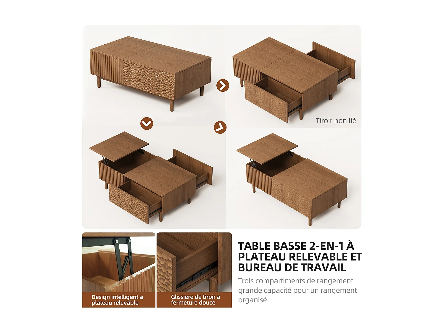 Table Basse relevable au Motif écailles de Poisson avec Grand Rangement, Couleur Noyer 130×70×48 cm, Style scandinave, utilisable comme Bureau ou Table à Manger