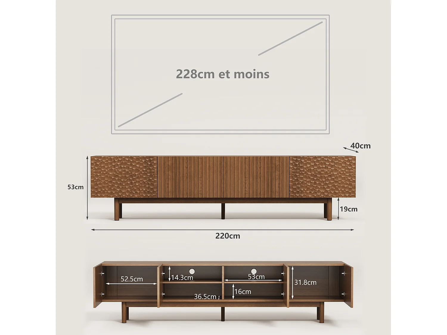 TV-Schrank im Fischschuppen-Design mit großem Stauraum, niedriges Sideboard auf hohen Beinen in Nussfarbe, für TVs ab 75 Zoll, ideal für Wohnzimmer oder Studio