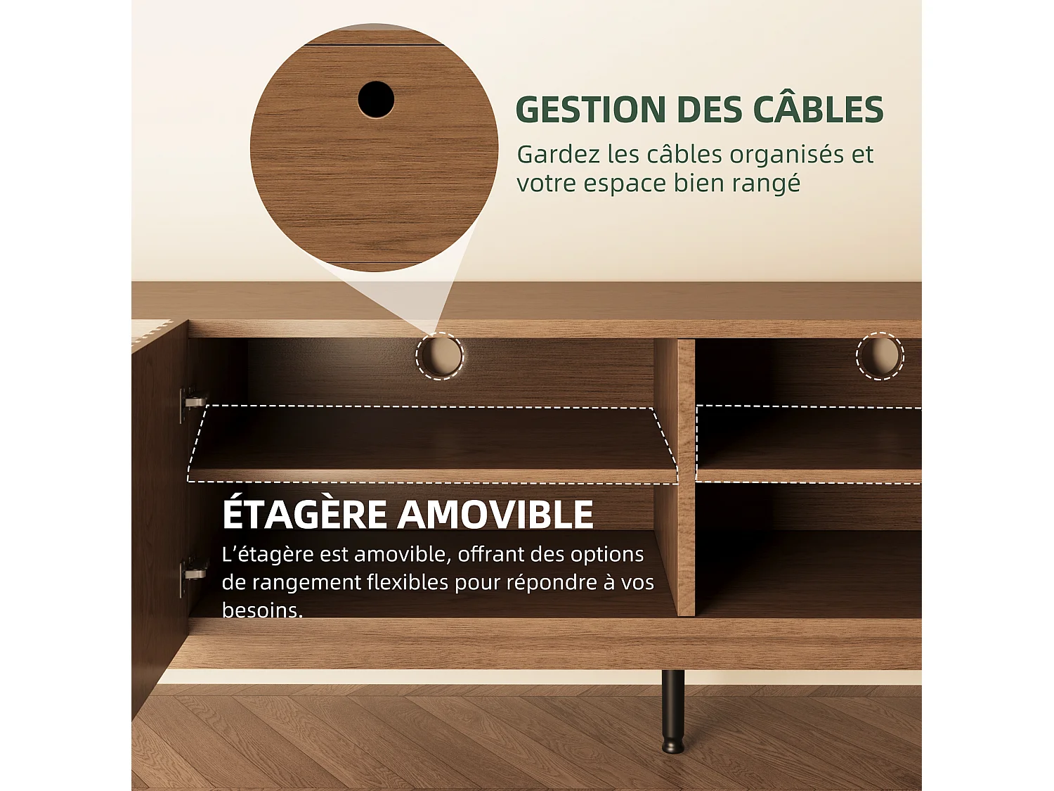 TV-Schrank im Fischschuppen-Design mit großem Stauraum, niedriges Sideboard auf hohen Beinen in Nussfarbe, für TVs ab 75 Zoll, ideal für Wohnzimmer oder Studio