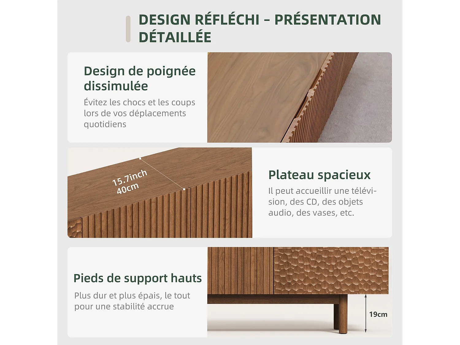 TV-Schrank im Fischschuppen-Design mit großem Stauraum, niedriges Sideboard auf hohen Beinen in Nussfarbe, für TVs ab 75 Zoll, ideal für Wohnzimmer oder Studio