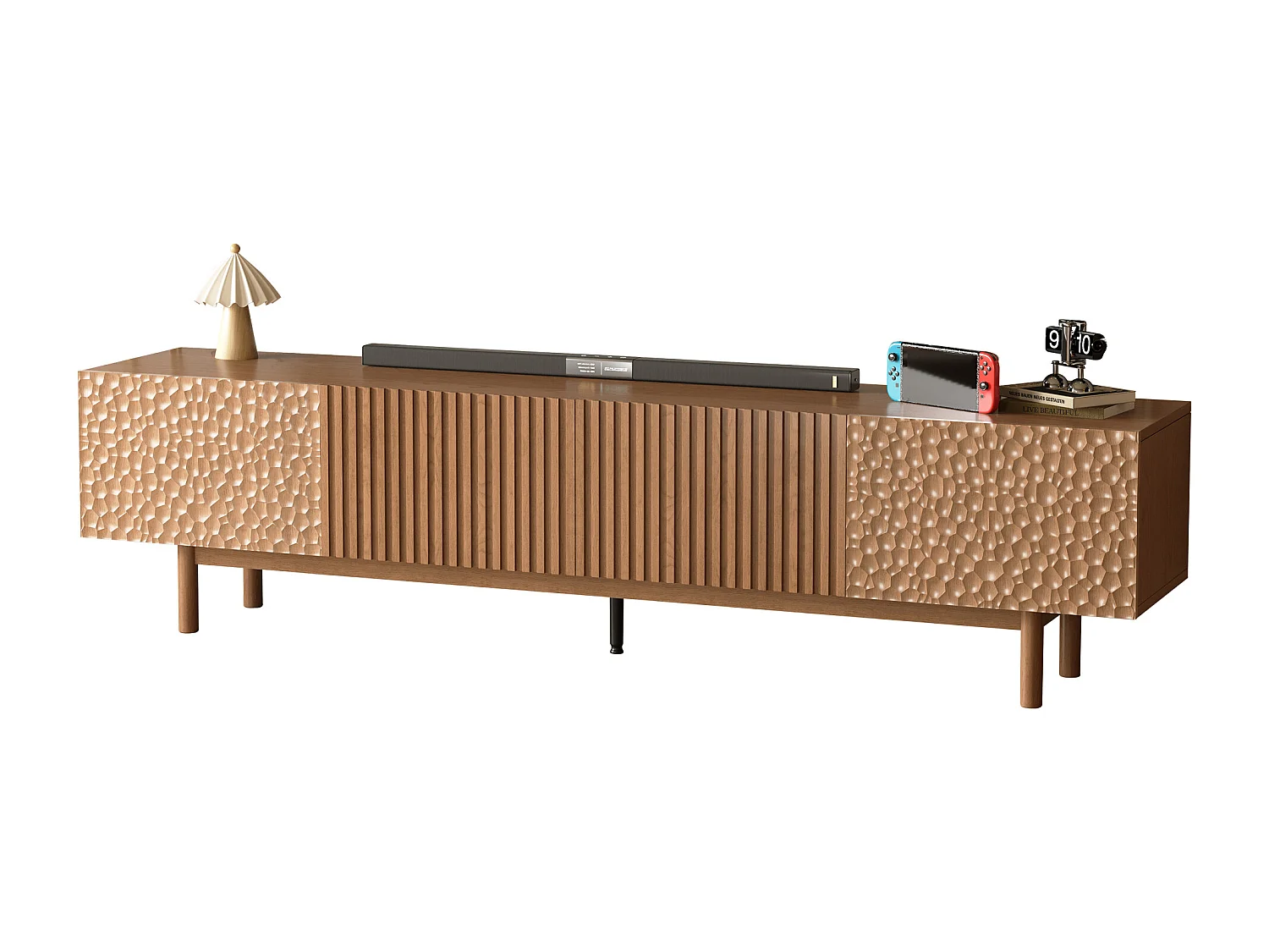 TV-Schrank im Fischschuppen-Design mit großem Stauraum, niedriges Sideboard auf hohen Beinen in Nussfarbe, für TVs ab 75 Zoll, ideal für Wohnzimmer oder Studio