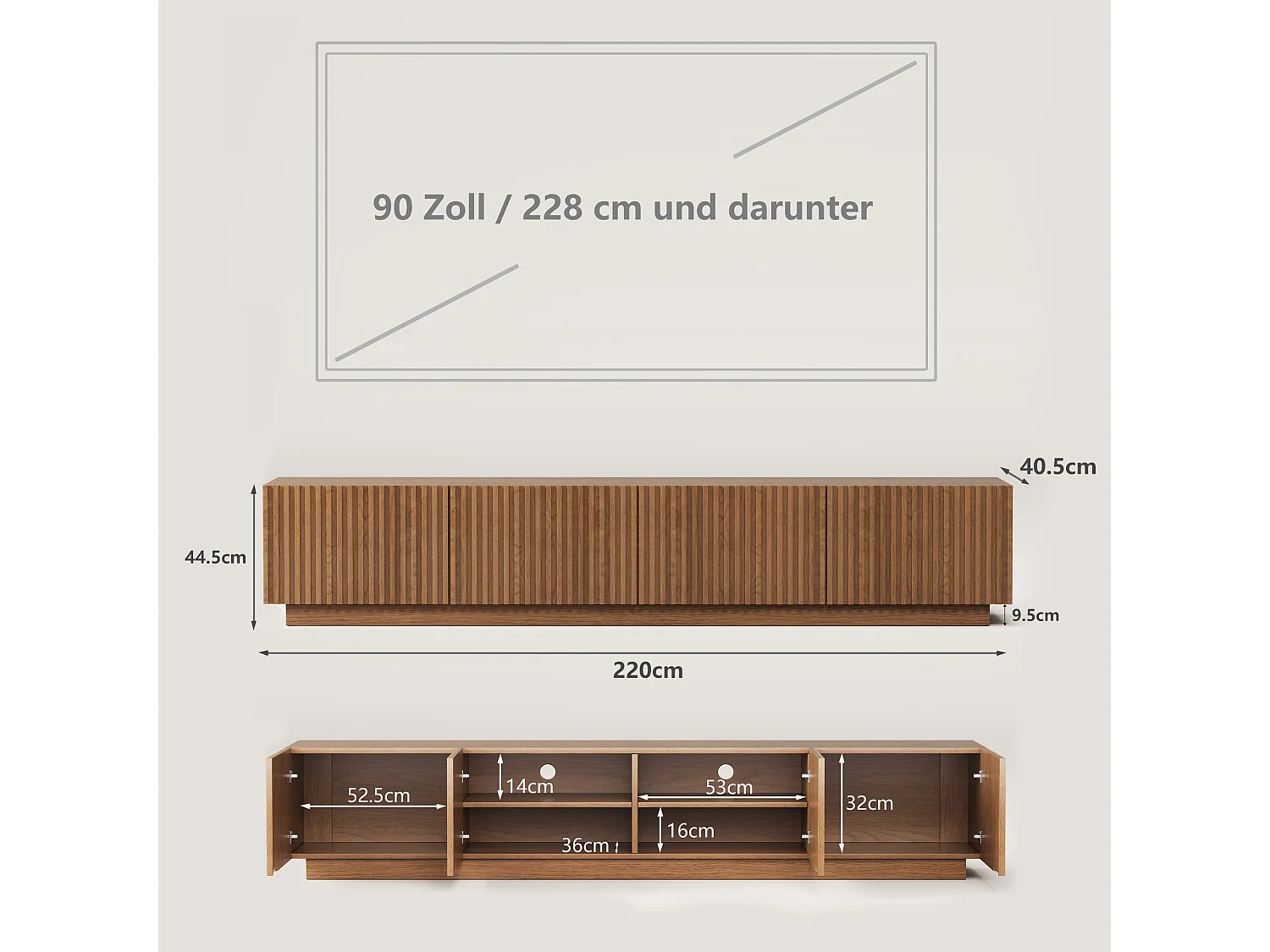 TV-Schrank aus Holz in Nussfarbe mit Lamellentüren, herausnehmbarer Ablage und großem Stauraum, 220-cm-Lowboard, geeignet für Fernseher ab 75 Zoll