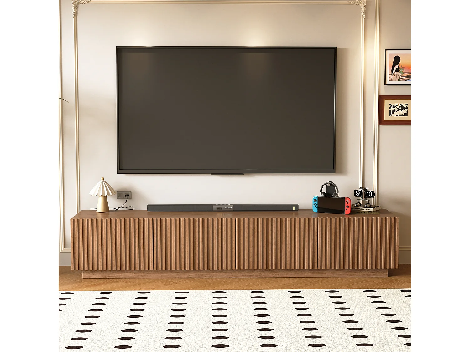 TV-Schrank aus Holz in Nussfarbe mit Lamellentüren, herausnehmbarer Ablage und großem Stauraum, 220-cm-Lowboard, geeignet für Fernseher ab 75 Zoll