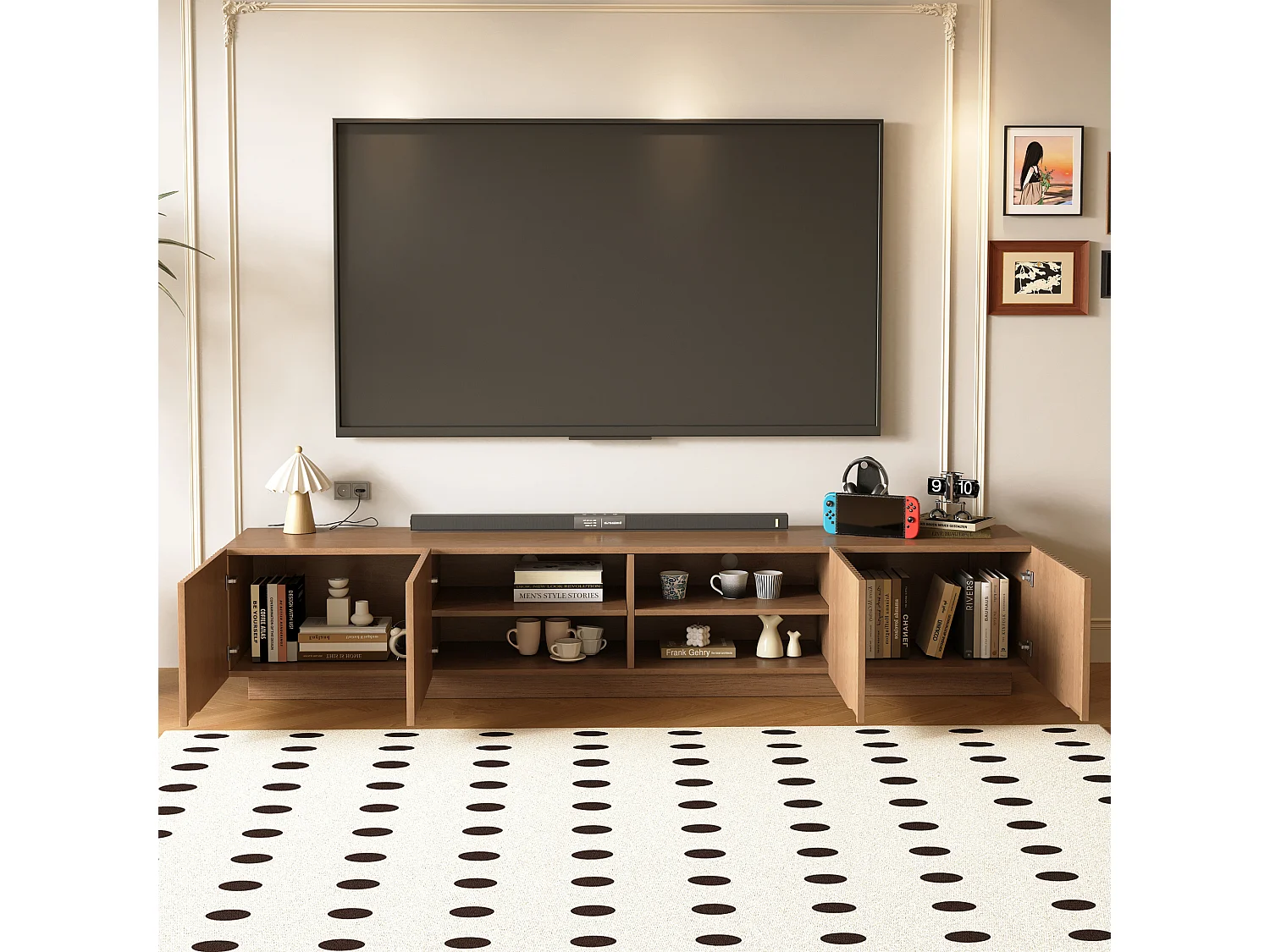 TV-Schrank aus Holz in Nussfarbe mit Lamellentüren, herausnehmbarer Ablage und großem Stauraum, 220-cm-Lowboard, geeignet für Fernseher ab 75 Zoll