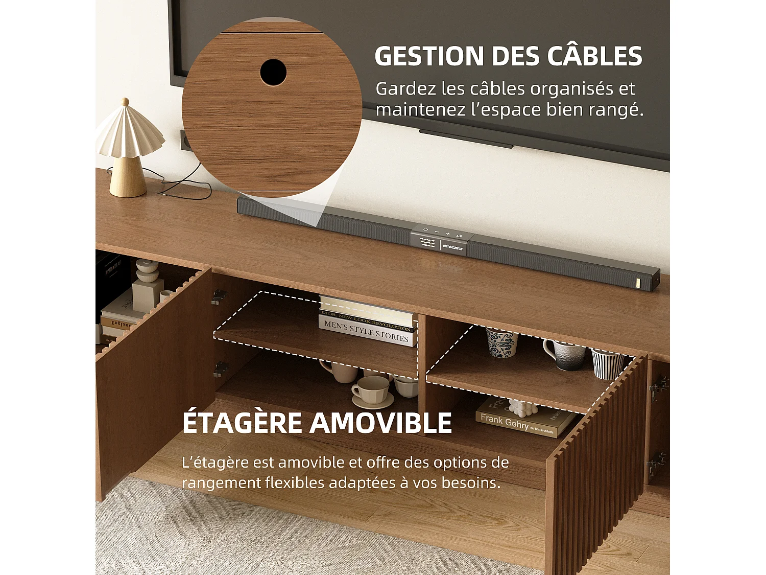 TV-Schrank aus Holz in Nussfarbe mit Lamellentüren, herausnehmbarer Ablage und großem Stauraum, 220-cm-Lowboard, geeignet für Fernseher ab 75 Zoll