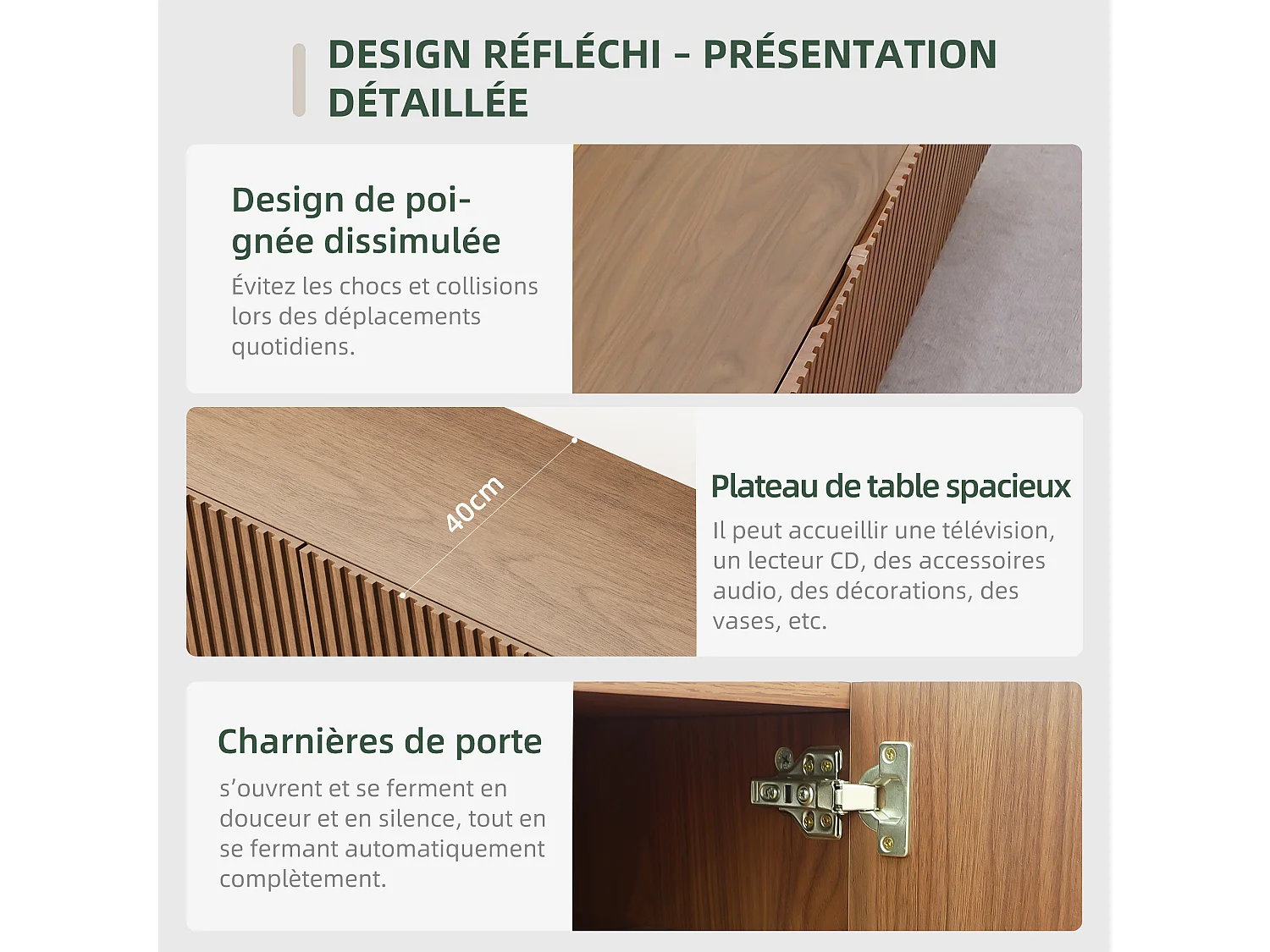 TV-Schrank aus Holz in Nussfarbe mit Lamellentüren, herausnehmbarer Ablage und großem Stauraum, 220-cm-Lowboard, geeignet für Fernseher ab 75 Zoll