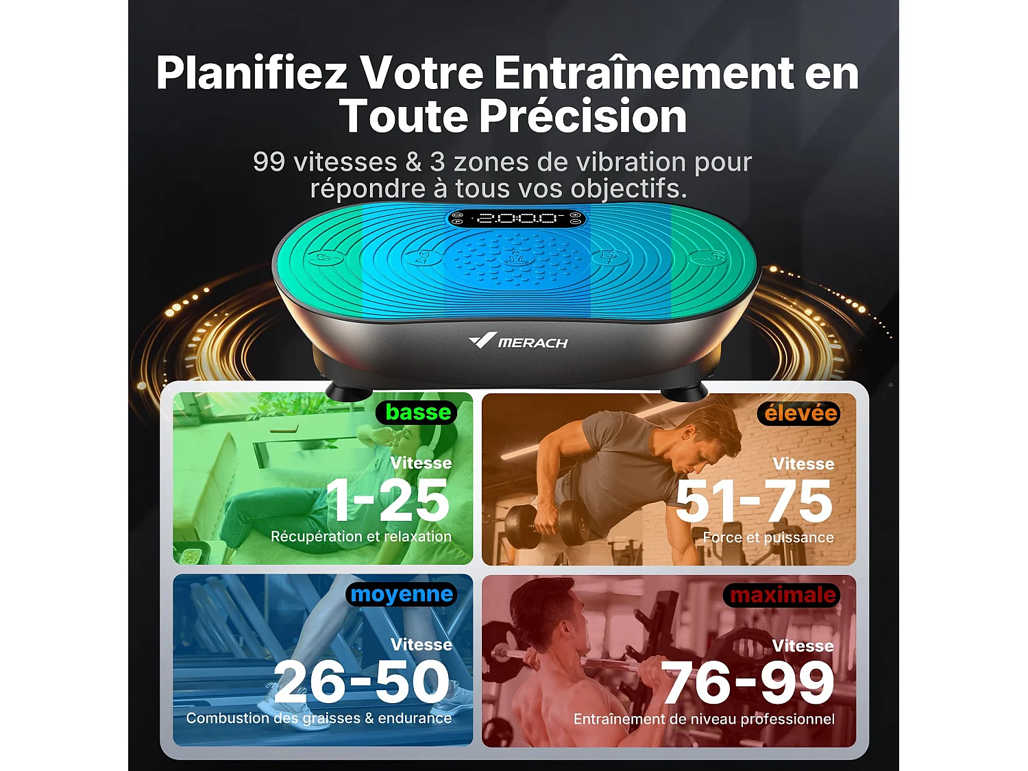 Plateforme Vibrante MERACH, 99 Niveaux, Bluetooth, Télécommande, Écran LED, Faible Bruit, Corps Entier, Modes Manuel/Automatique, Noir, 158KG MAX