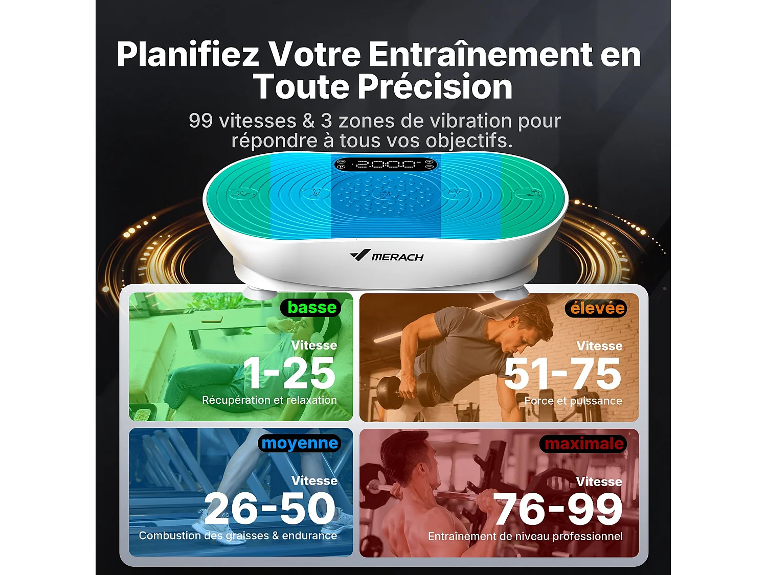 Plateforme Vibrante MERACH, 99 Niveaux, Bluetooth, Télécommande, LED, Perte de Poids, Tonification Musculaire, Exercice Complet, Double Mode, 158KG