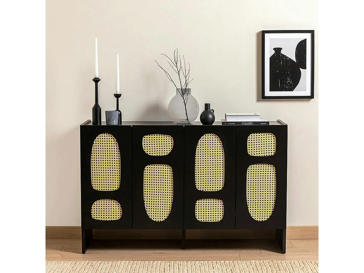 Buffet noir bohème à cannage organique, 1 tiroir VAREN