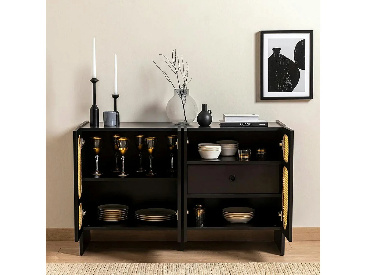 Buffet noir bohème à cannage organique, 1 tiroir VAREN