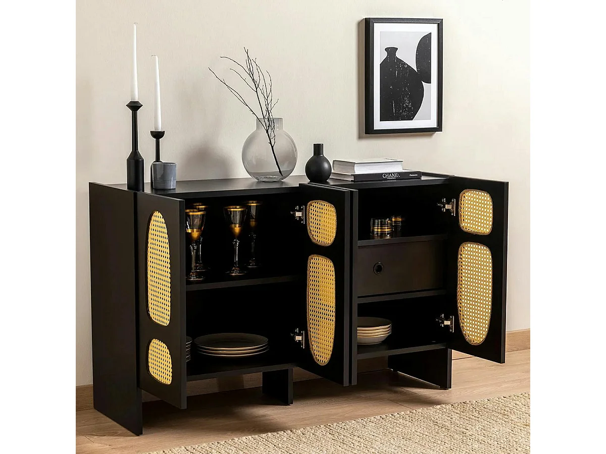 Buffet noir bohème à cannage organique, 1 tiroir VAREN