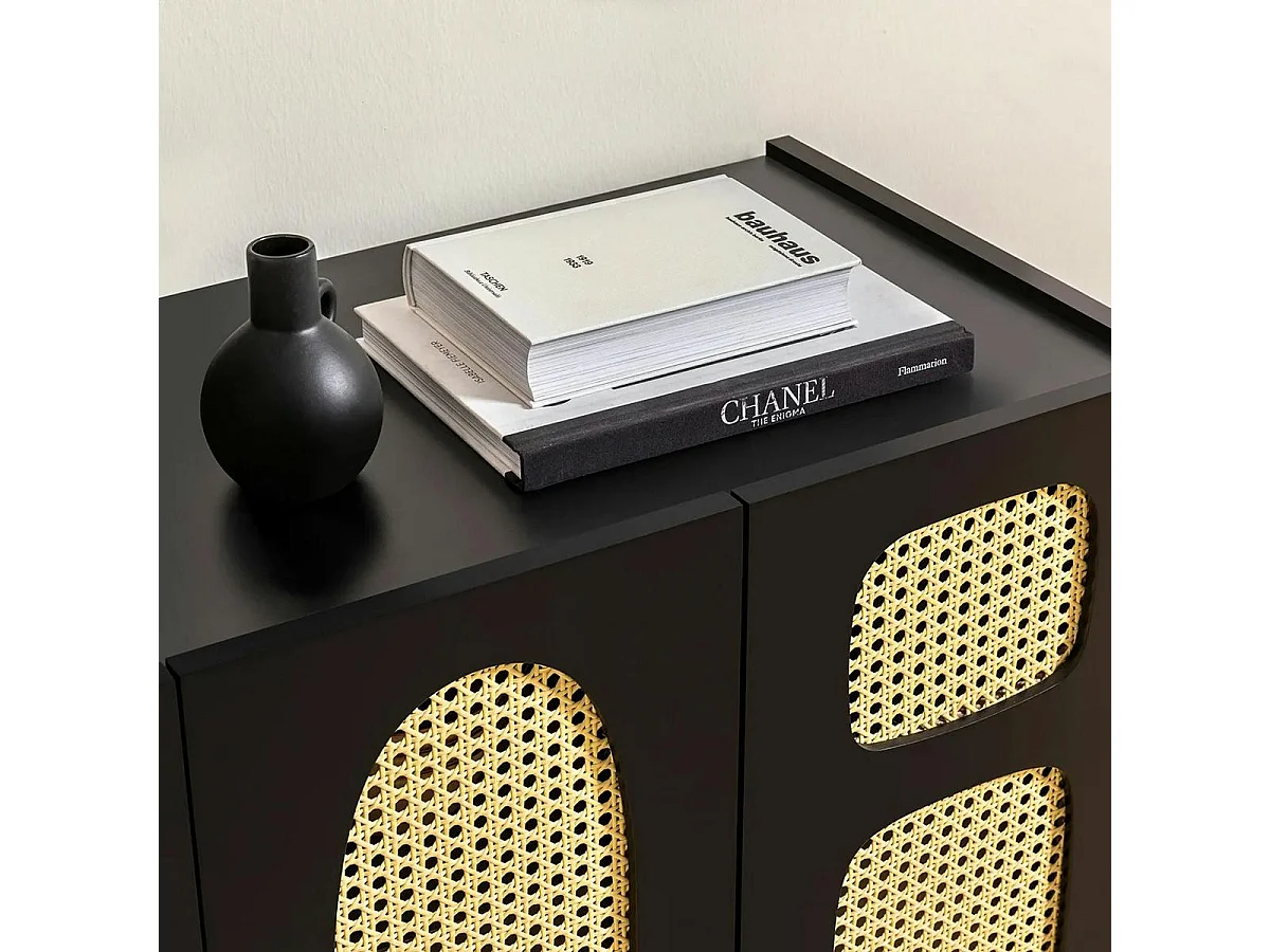 Buffet noir bohème à cannage organique, 1 tiroir VAREN