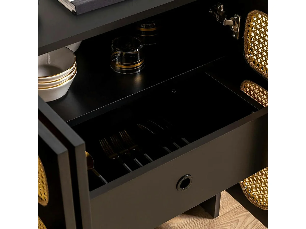 Buffet noir bohème à cannage organique, 1 tiroir VAREN