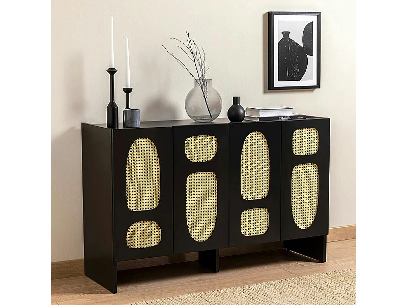 Buffet noir bohème à cannage organique, 1 tiroir VAREN