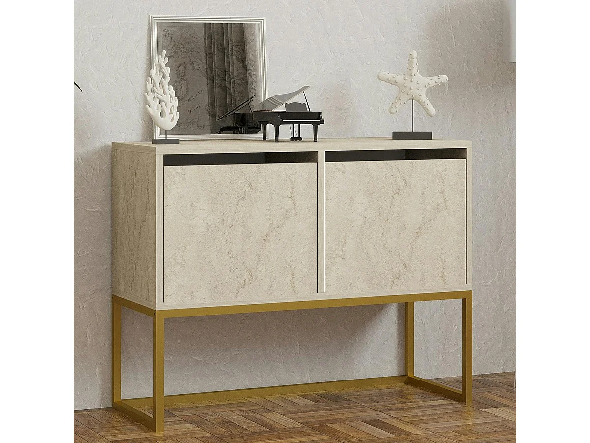 Console basse avec niches de rangement, effet travertin JENA