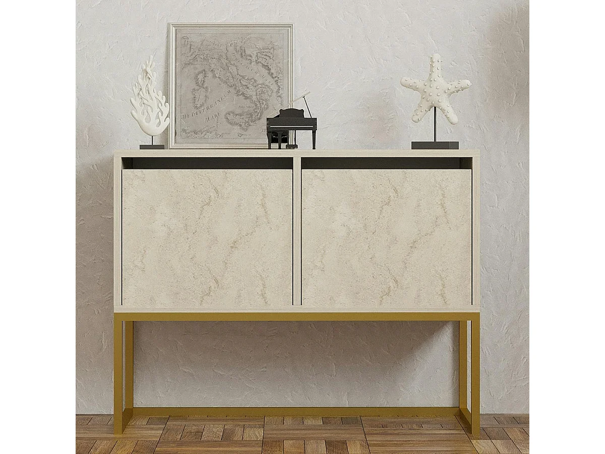 Console basse avec niches de rangement, effet travertin JENA