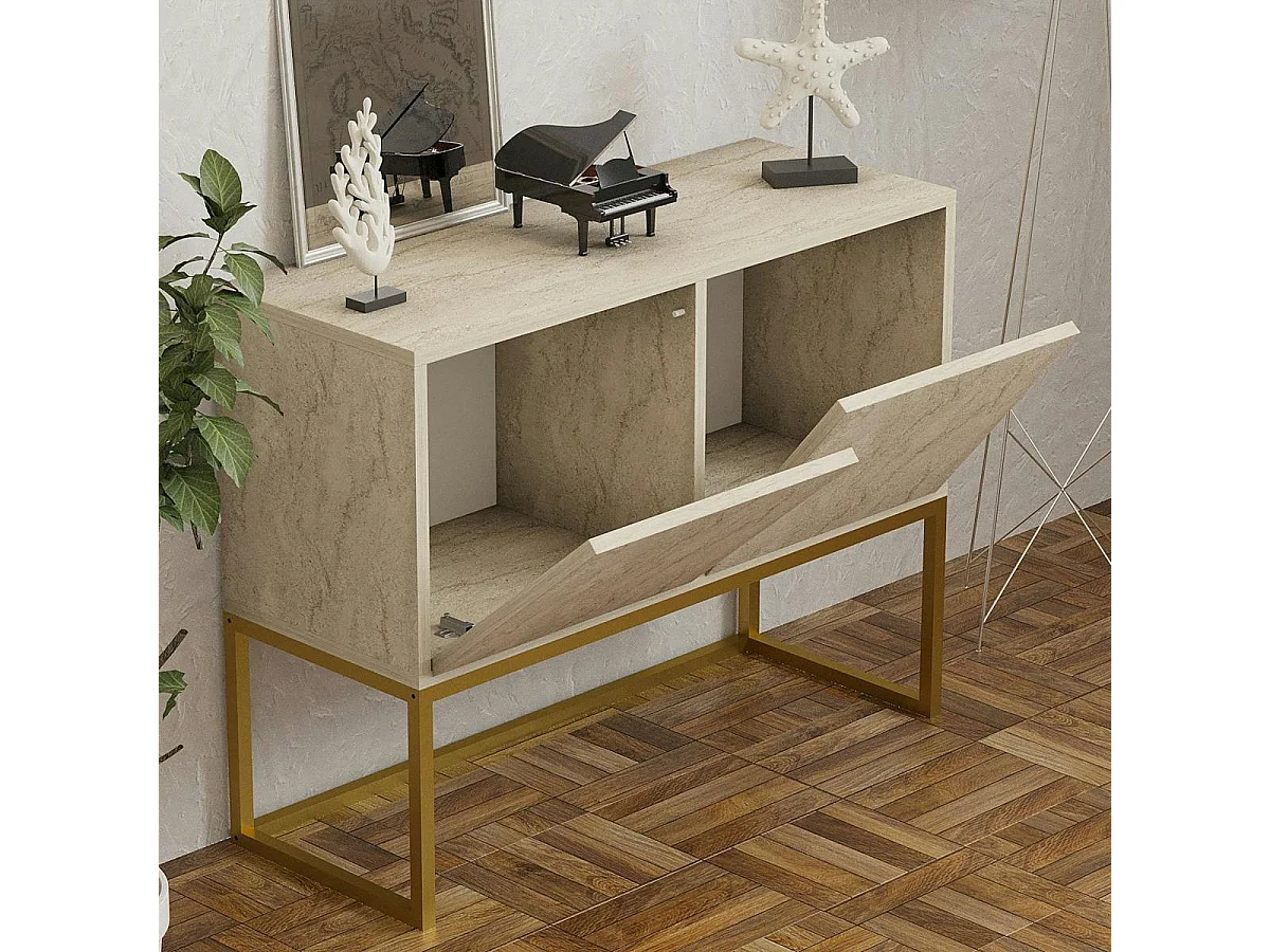 Console basse avec niches de rangement, effet travertin JENA