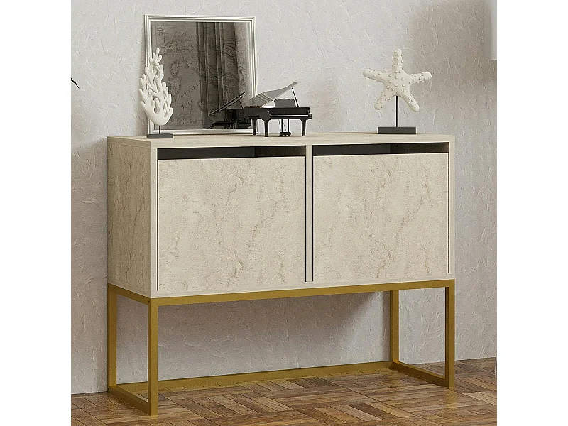 Console basse avec niches de rangement, effet travertin JENA