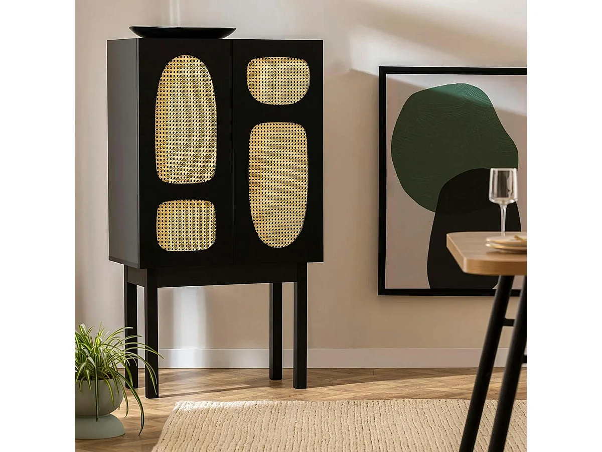 Buffet haut noir 2 portes à cannage organique VAREN