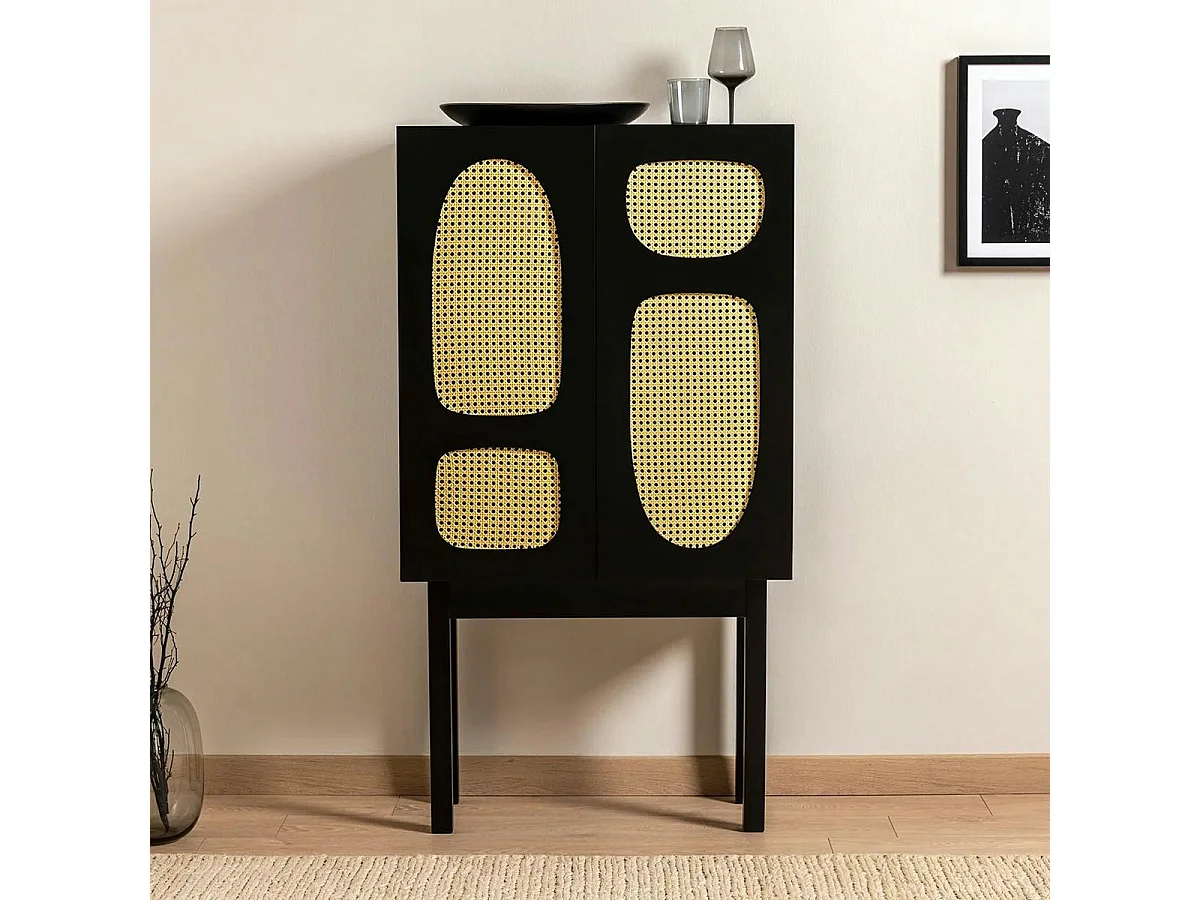 Buffet haut noir 2 portes à cannage organique VAREN