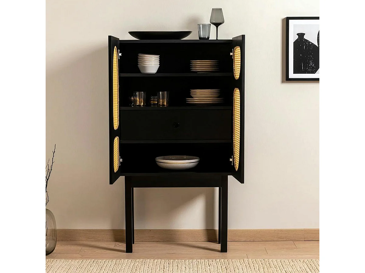 Buffet haut noir 2 portes à cannage organique VAREN