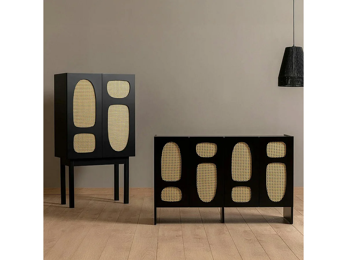 Buffet haut noir 2 portes à cannage organique VAREN