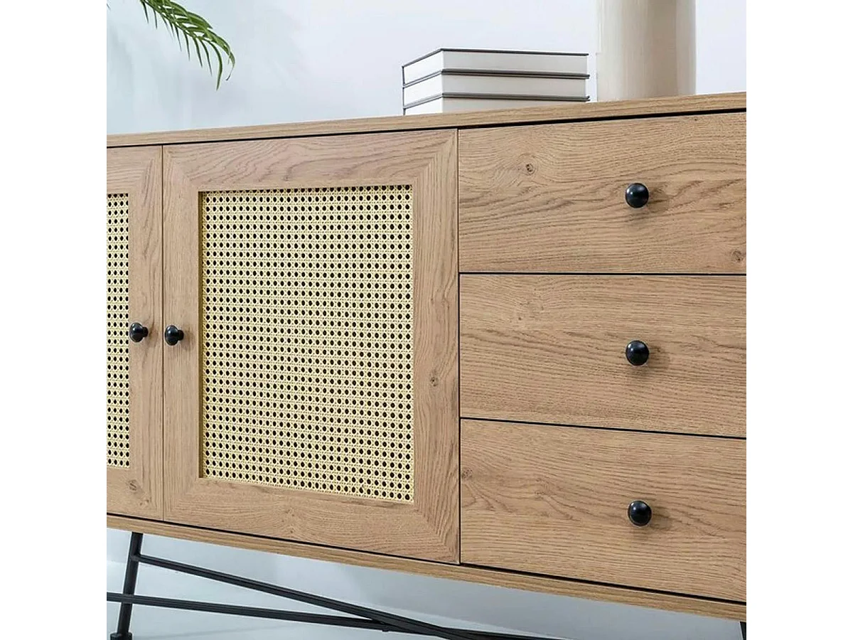 Buffet bohème effet bois, 2 portes en cannage VAREN