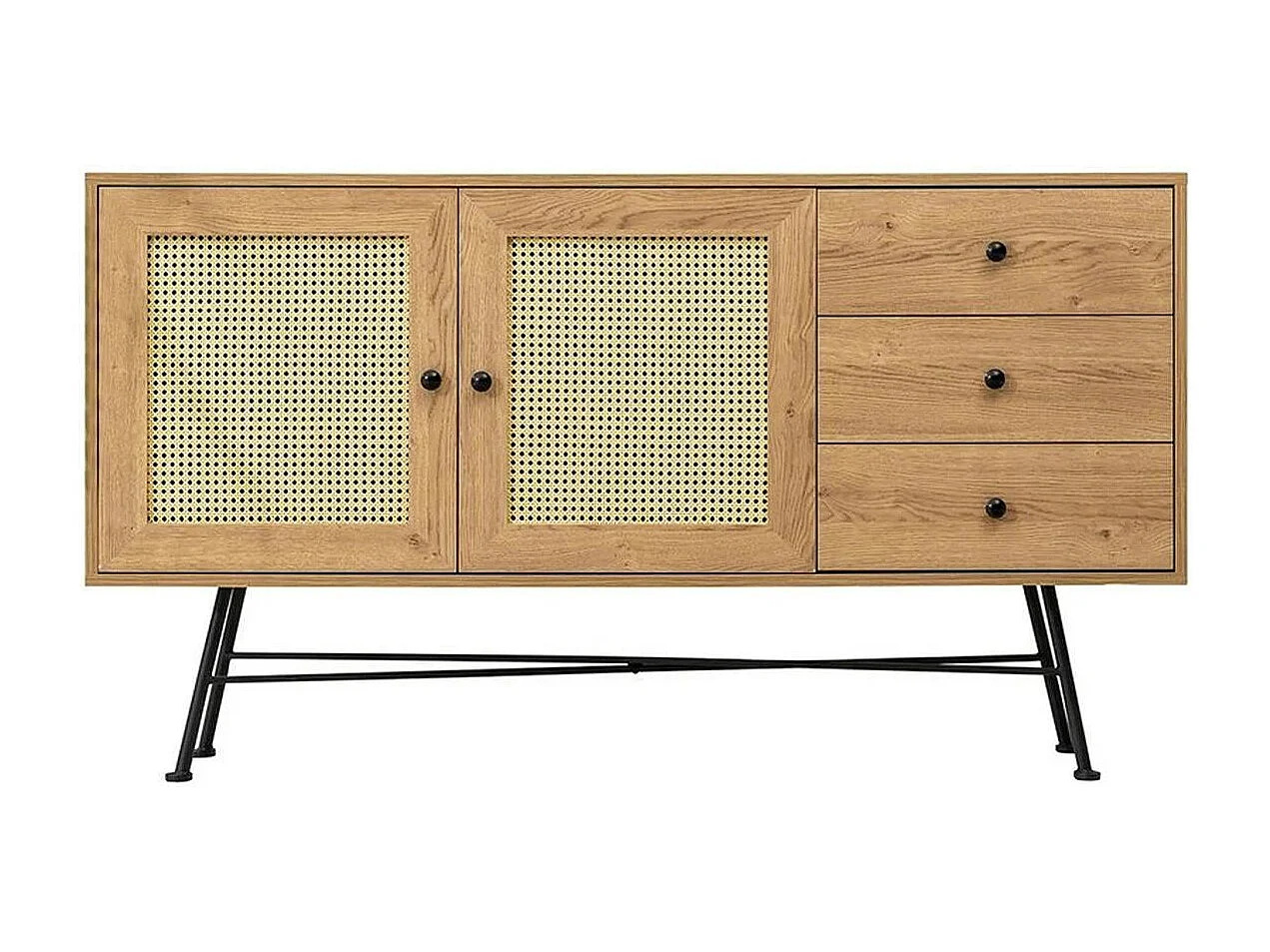 Buffet bohème effet bois, 2 portes en cannage VAREN