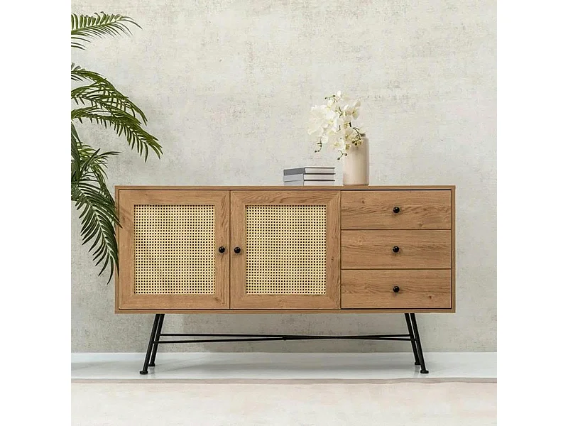 Buffet bohème effet bois, 2 portes en cannage VAREN