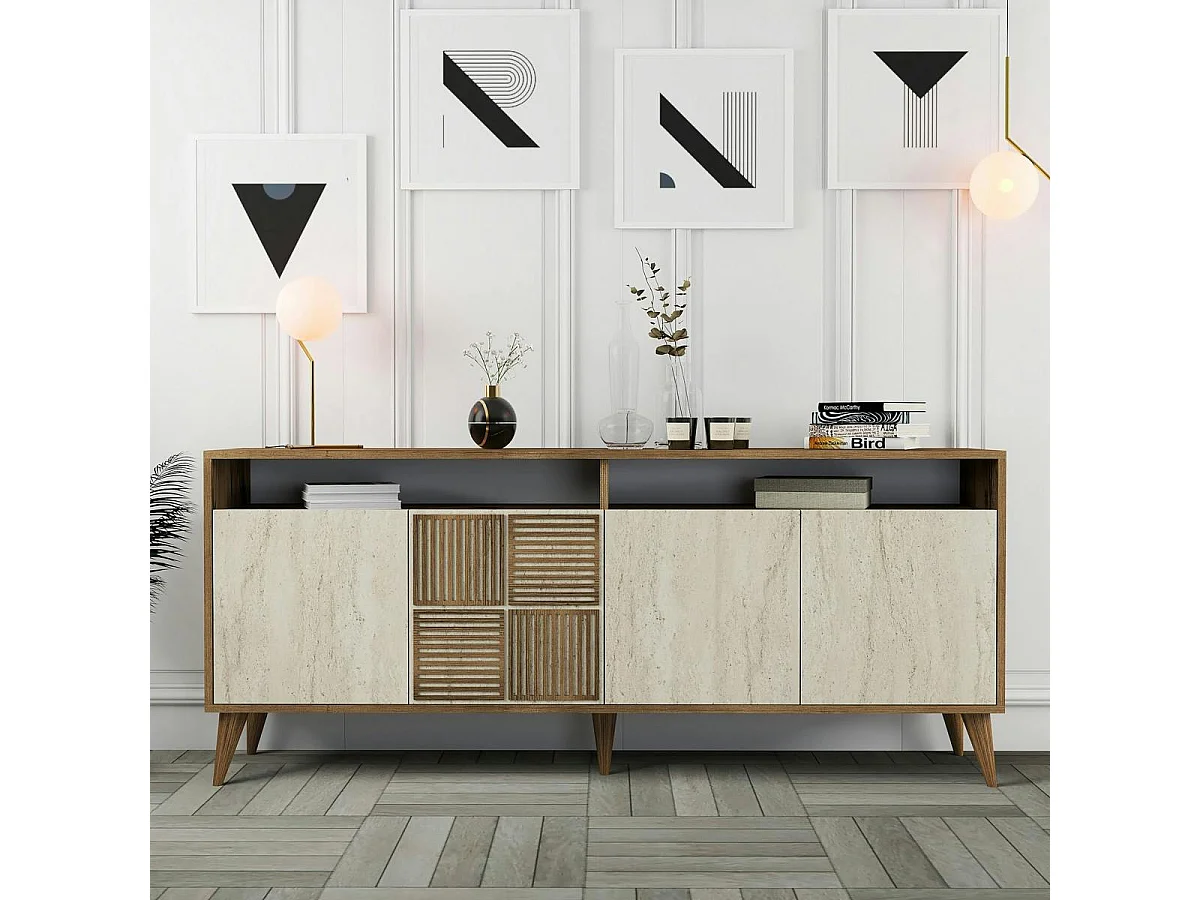 Buffet moderne effet bois et travertin 4 portes 2 niches UMEA