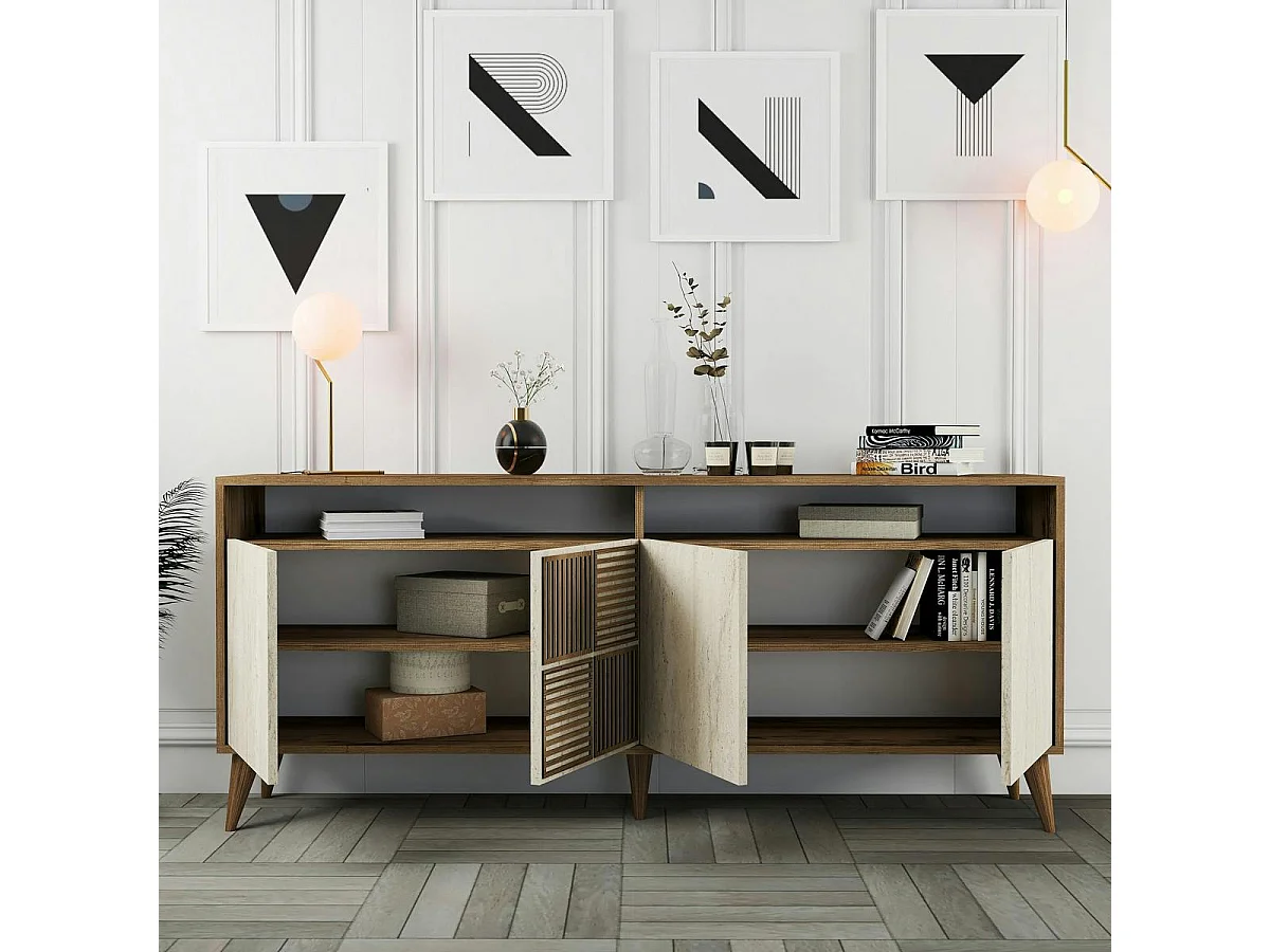 Buffet moderne effet bois et travertin 4 portes 2 niches UMEA