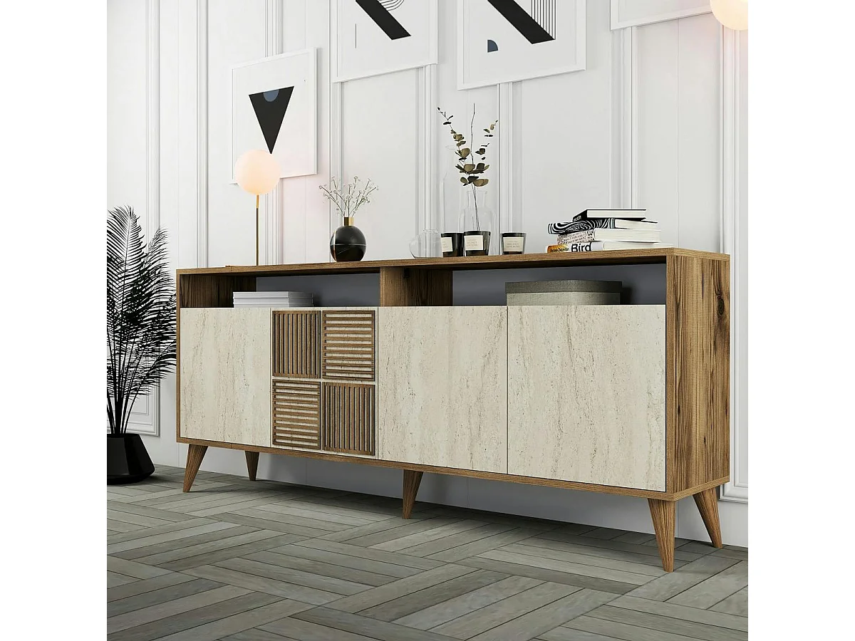 Buffet moderne effet bois et travertin 4 portes 2 niches UMEA