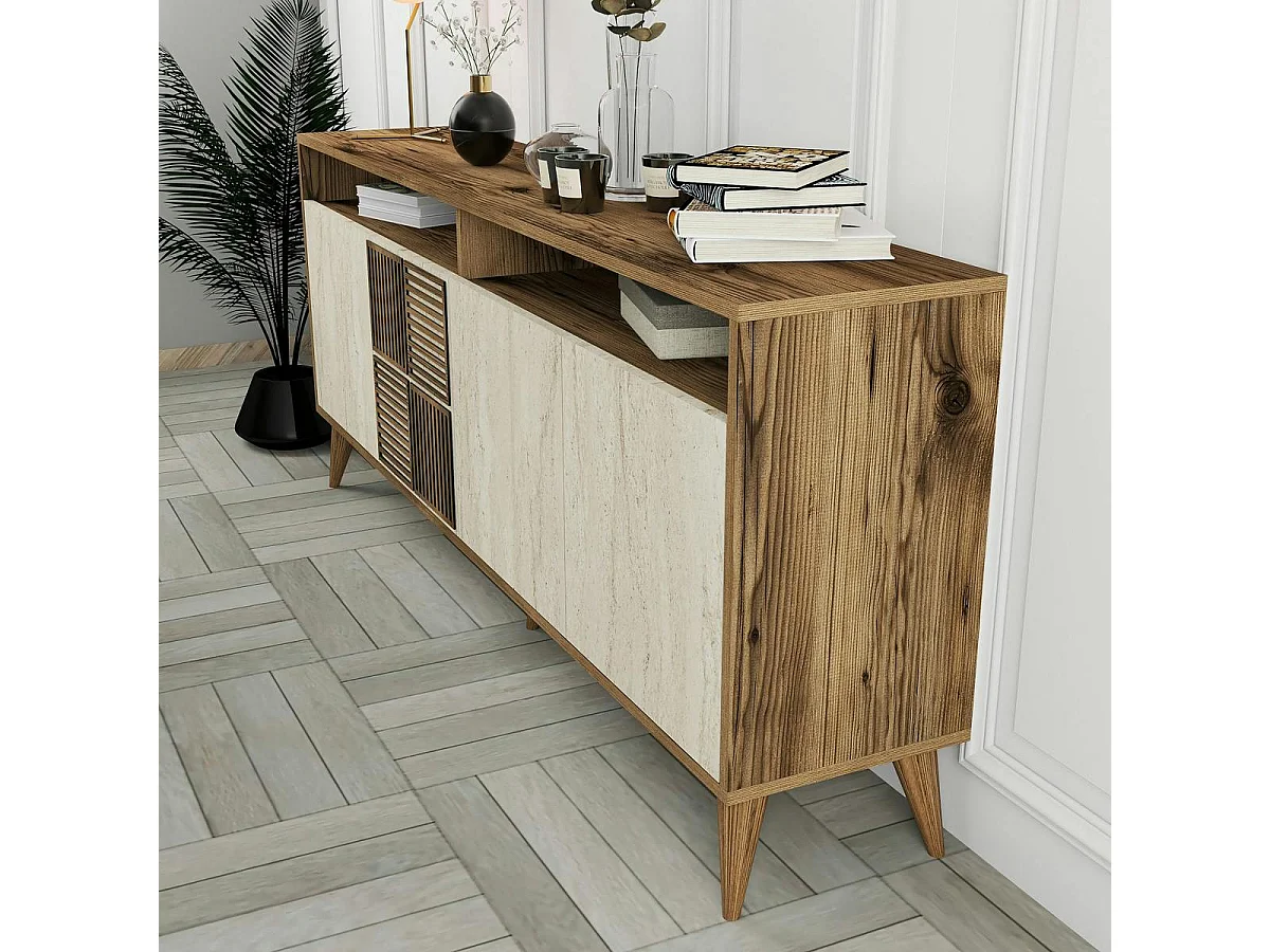 Buffet moderne effet bois et travertin 4 portes 2 niches UMEA